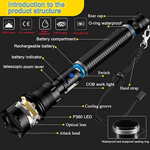 Rechargeable XHP70 Led Flashlight 10000 High Lumens Tactical Light  Waterproof Zoomable 7 Mode Camping Emergencies Flashlights